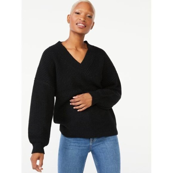 Free Assembly Women's Wide V-Neck Sweater Black with Long Sleeves Size S NWT - Picture 1 of 4